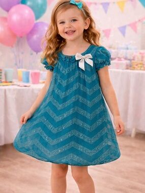 George Girls Teal Glitter Chevron Dress | Sparkly Party Dress | Size 7/8